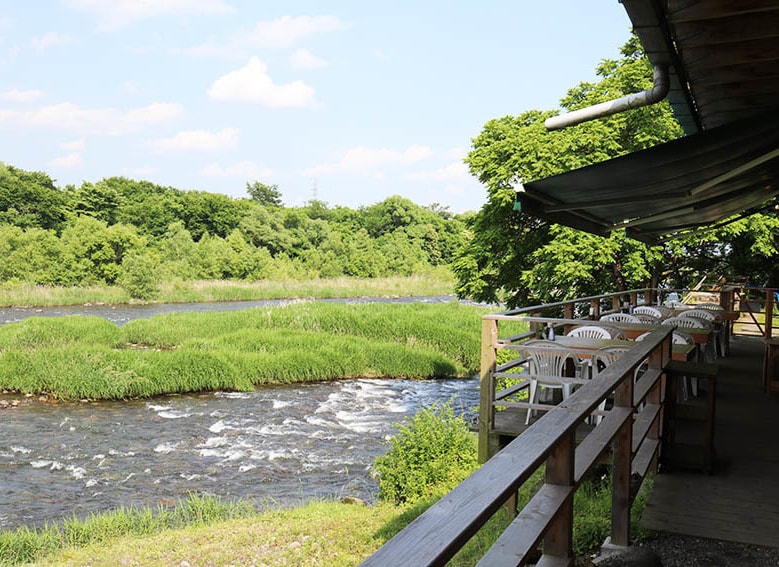 店舗から鬼怒川を望む